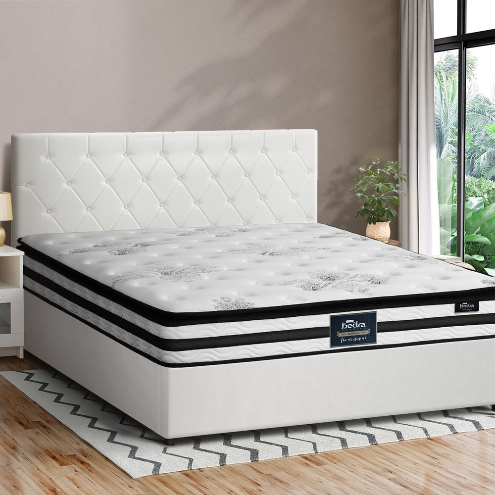 Bed Frame King Double & Queen Size Gas Lift Base with Mattress White Leather