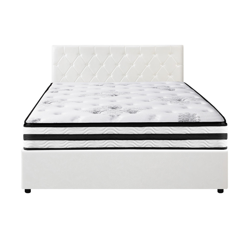 Bed Frame King Double & Queen Size Gas Lift Base with Mattress White Leather