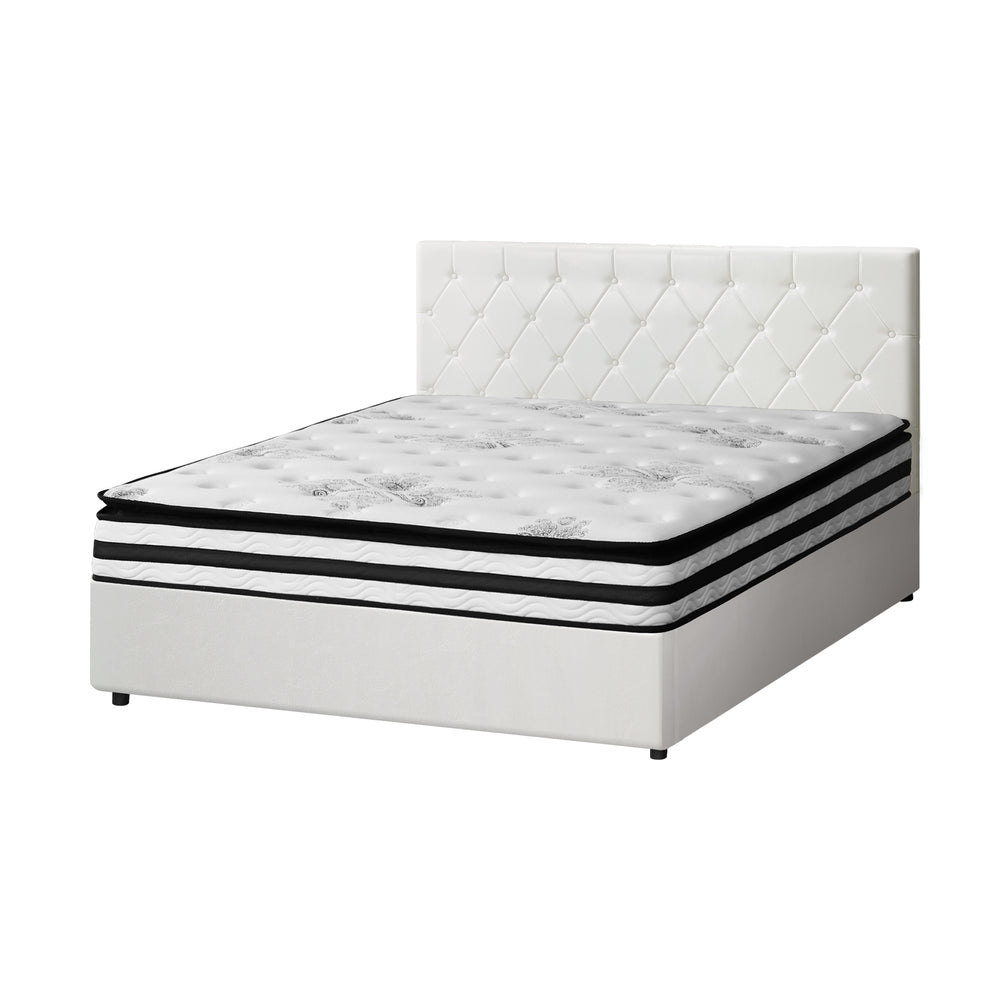 Bed Frame King Double & Queen Size Gas Lift Base with Mattress White Leather