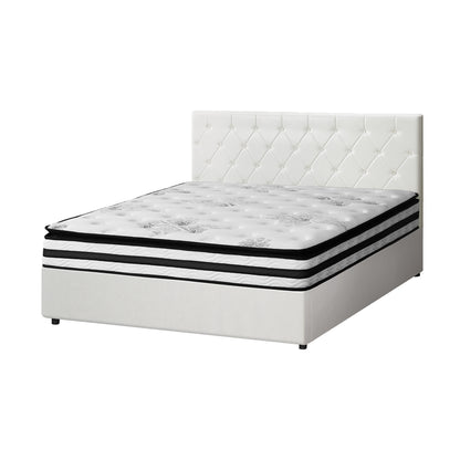Bed Frame King Double & Queen Size Gas Lift Base with Mattress White Leather