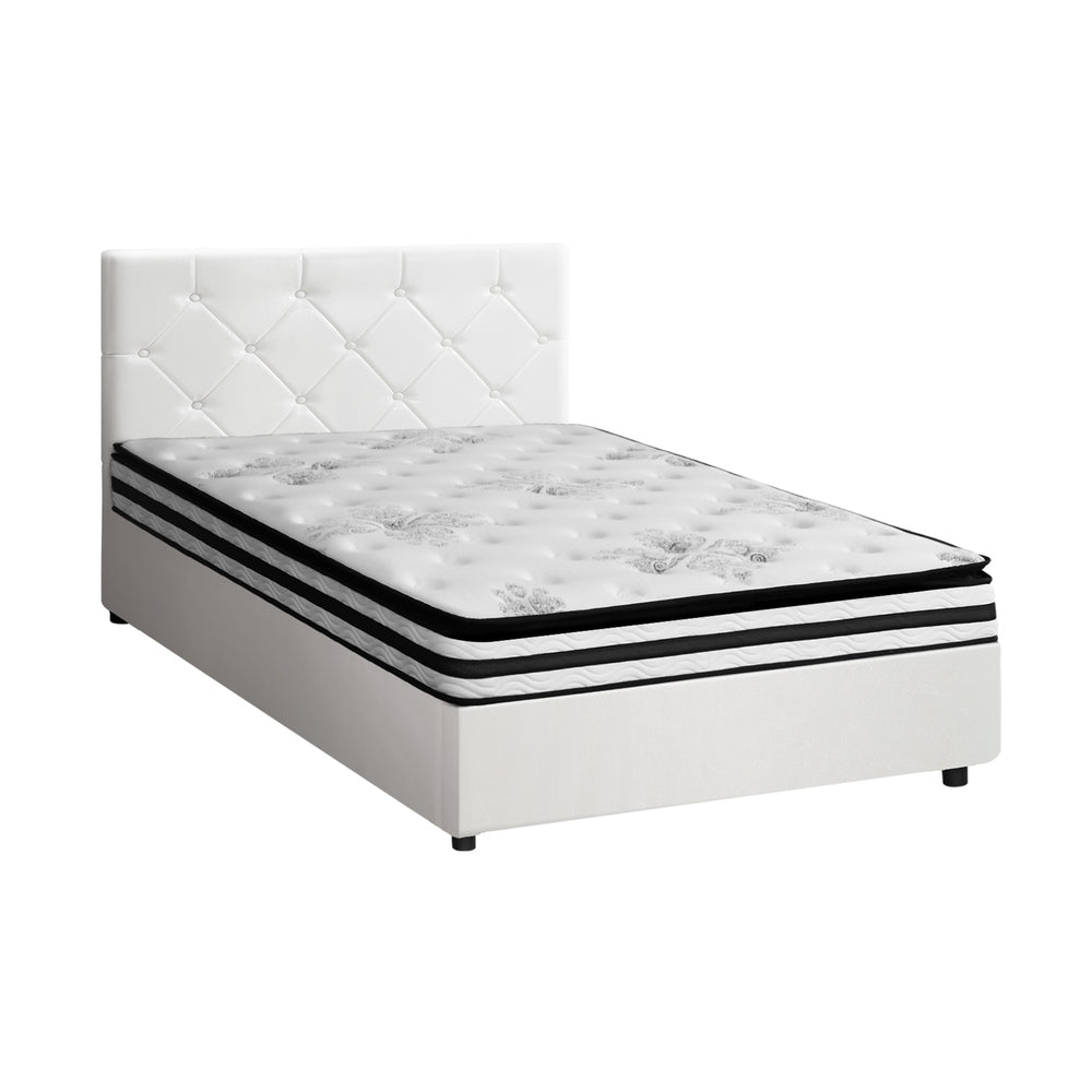 Bed Frame King Double & Queen Size Gas Lift Base with Mattress White Leather