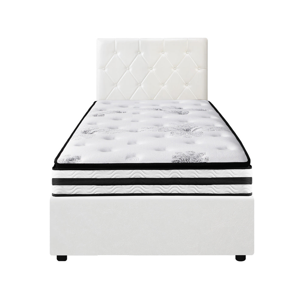Bed Frame King Double & Queen Size Gas Lift Base with Mattress White Leather