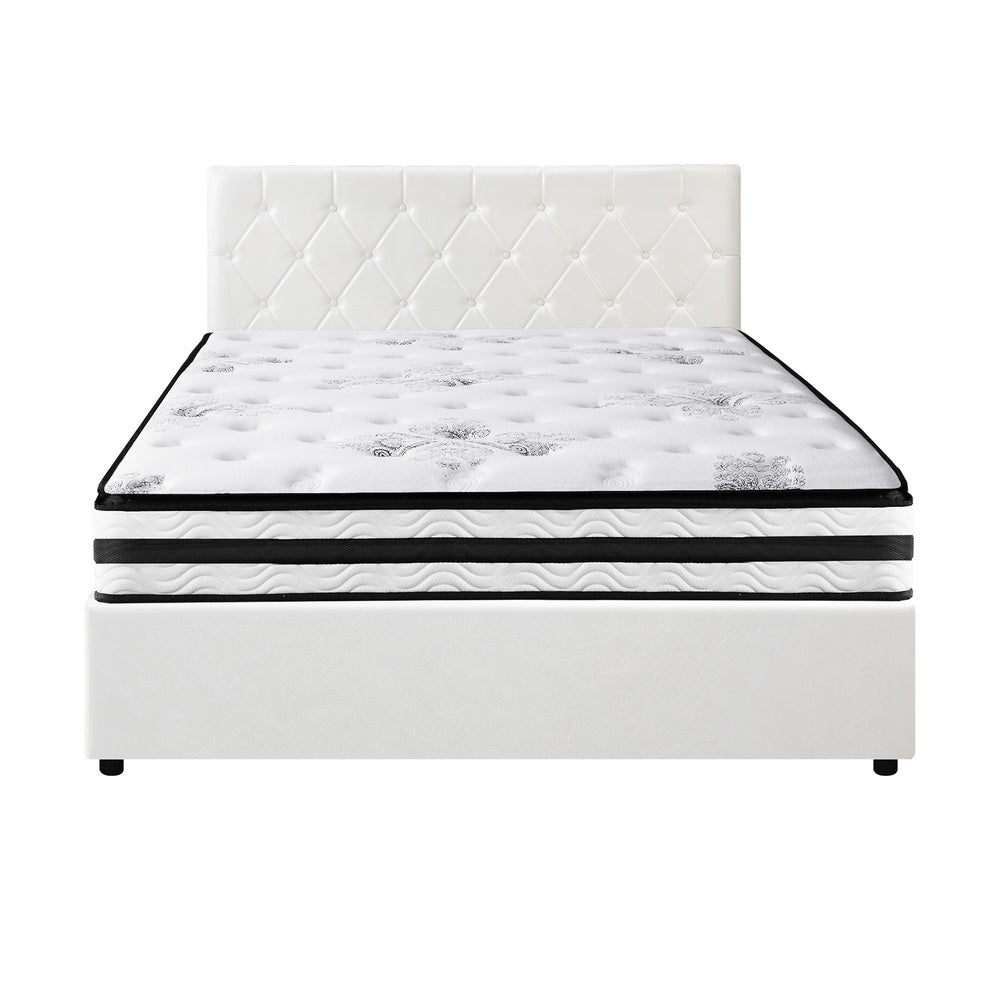 Bed Frame King Double & Queen Size Gas Lift Base with Mattress White Leather