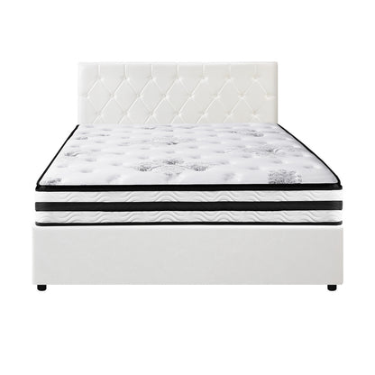 Bed Frame King Double & Queen Size Gas Lift Base with Mattress White Leather