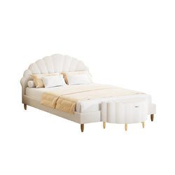 Boucle Bed Frame with Ottoman Set Scallop Shaped Sherpa Bedhead Double