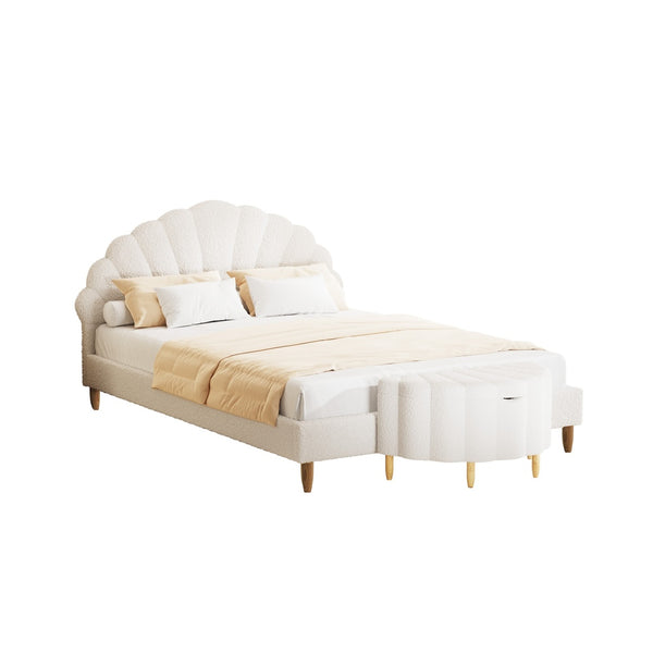  Boucle Bed Frame with Ottoman Set Scallop Shaped Sherpa Bedhead Double