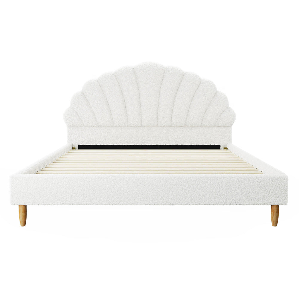 Boucle Bed Frame with Ottoman Set Scallop Shaped Sherpa Bedhead Double