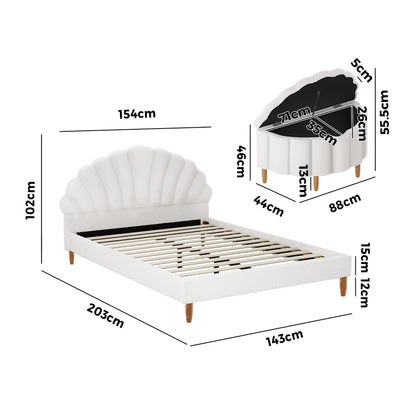 Boucle Bed Frame with Ottoman Set Scallop Shaped Sherpa Bedhead Double