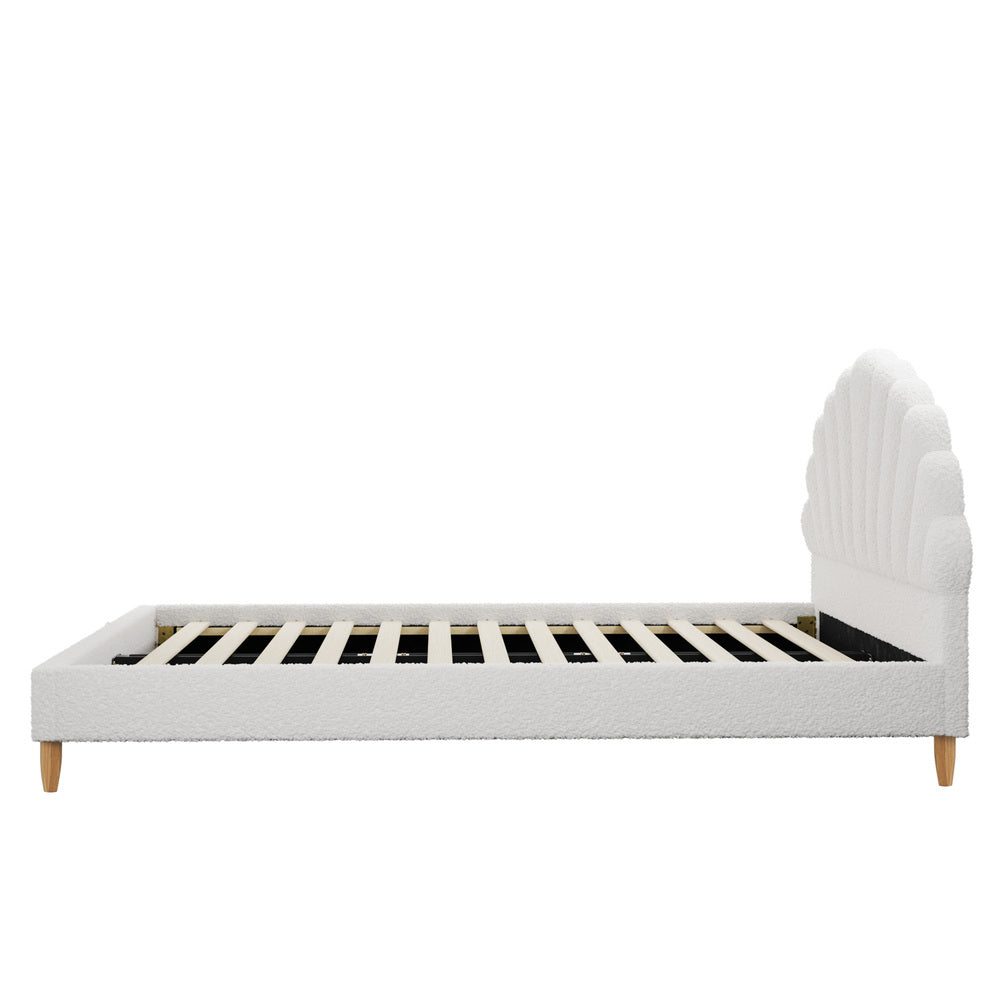 Boucle Bed Frame with Ottoman Set Scallop Shaped Sherpa Bedhead Double