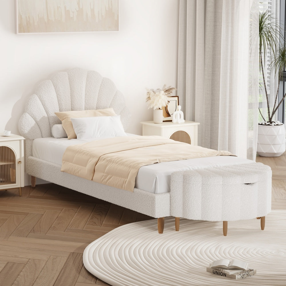 Boucle Bed Frame with Ottoman Set Scallop Shaped Sherpa Bedhead Single