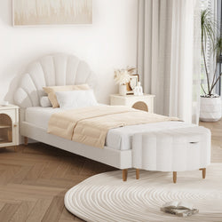 Boucle Bed Frame with Ottoman Set Scallop Shaped Sherpa Bedhead Single