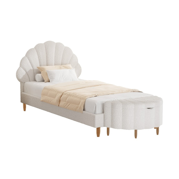  Boucle Bed Frame with Ottoman Set Scallop Shaped Sherpa Bedhead Single