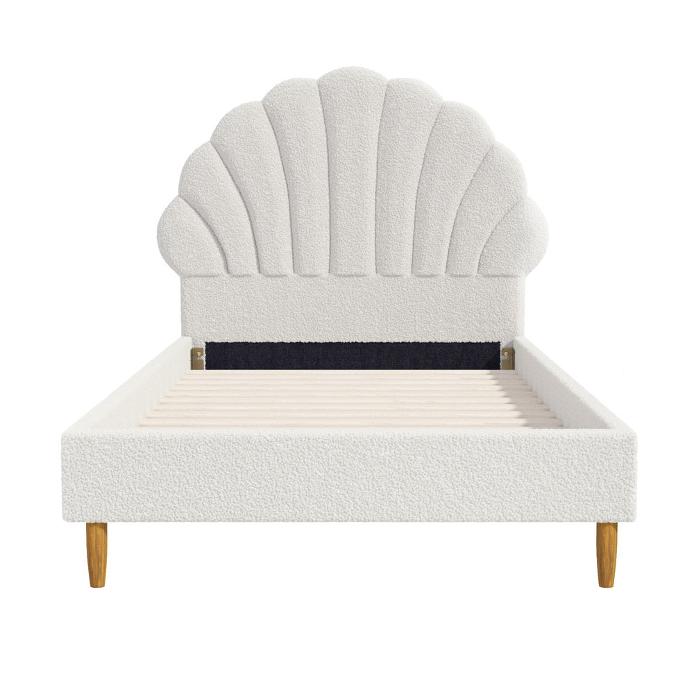 Boucle Bed Frame with Ottoman Set Scallop Shaped Sherpa Bedhead Single