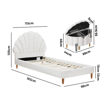 Boucle Bed Frame with Ottoman Set Scallop Shaped Sherpa Bedhead Single