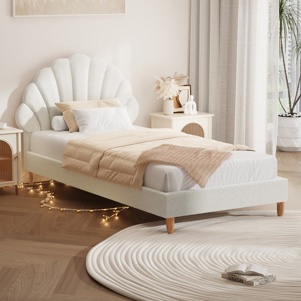  Single Bed Frame Scallop-Shape Bedhead White Boucle