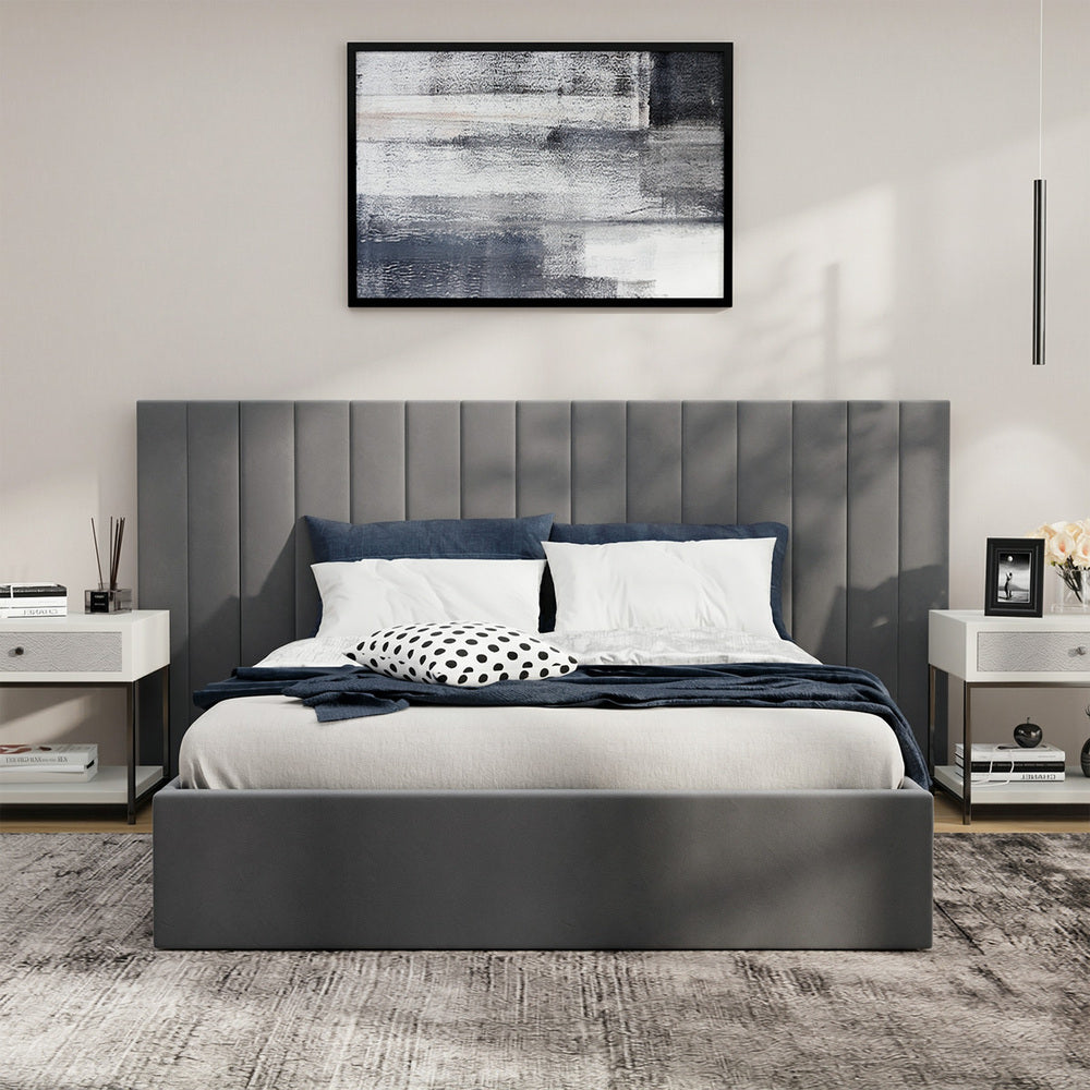 Bed Frame Double Gas Lift Storage Oversized Headboard Velvet
