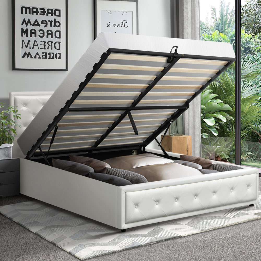 Bed Frame with Storage Space Gas Lift Bed Mattress Base White