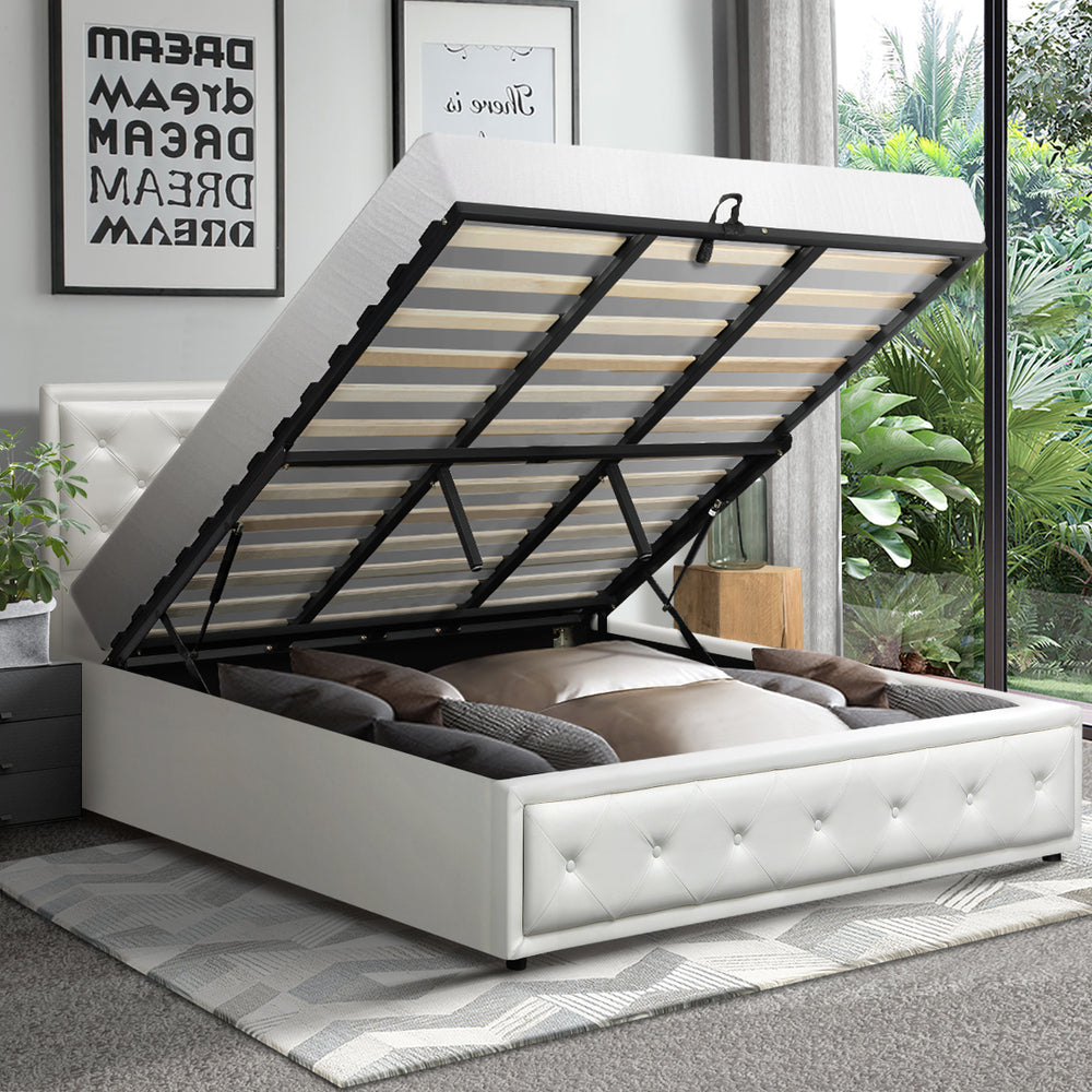 Bed Frame with Storage Space Gas Lift Bed Mattress Base White