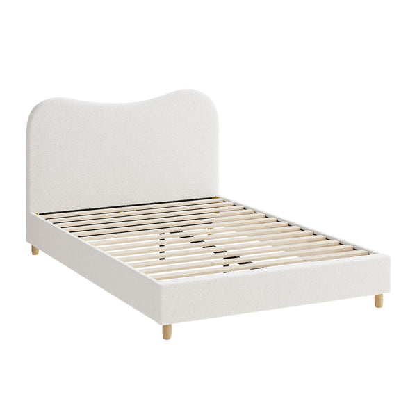  Double Size Bed Frame White Boucle Upholstered Cloud Shape Headboard