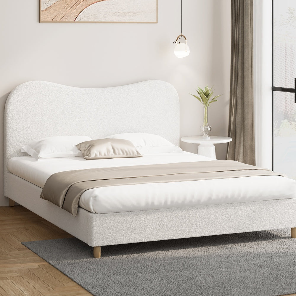 King Size Bed Frame White Boucle Cloud Shape Upholstered Bedroom Furniture