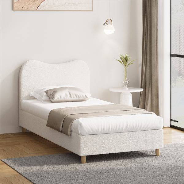  King Single Bed Frame White Boucle Upholstered Cloud Shape Headboard