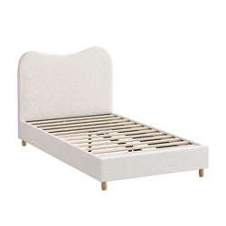 King Single Bed Frame White Boucle Upholstered Cloud Shape Headboard