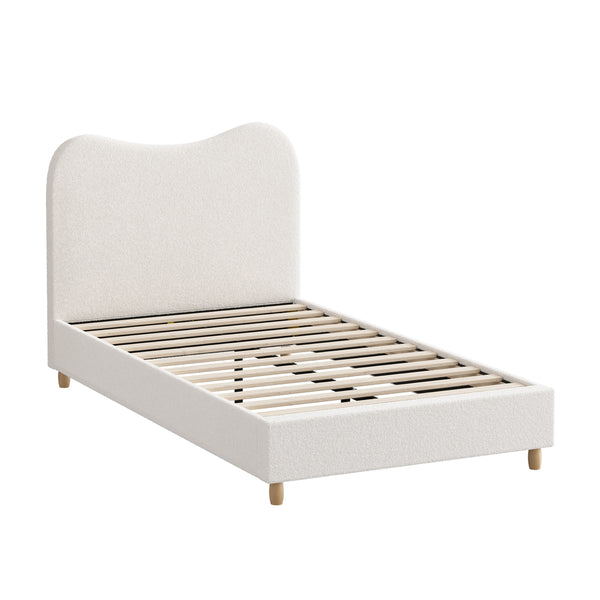  King Single Bed Frame White Boucle Upholstered Cloud Shape Headboard