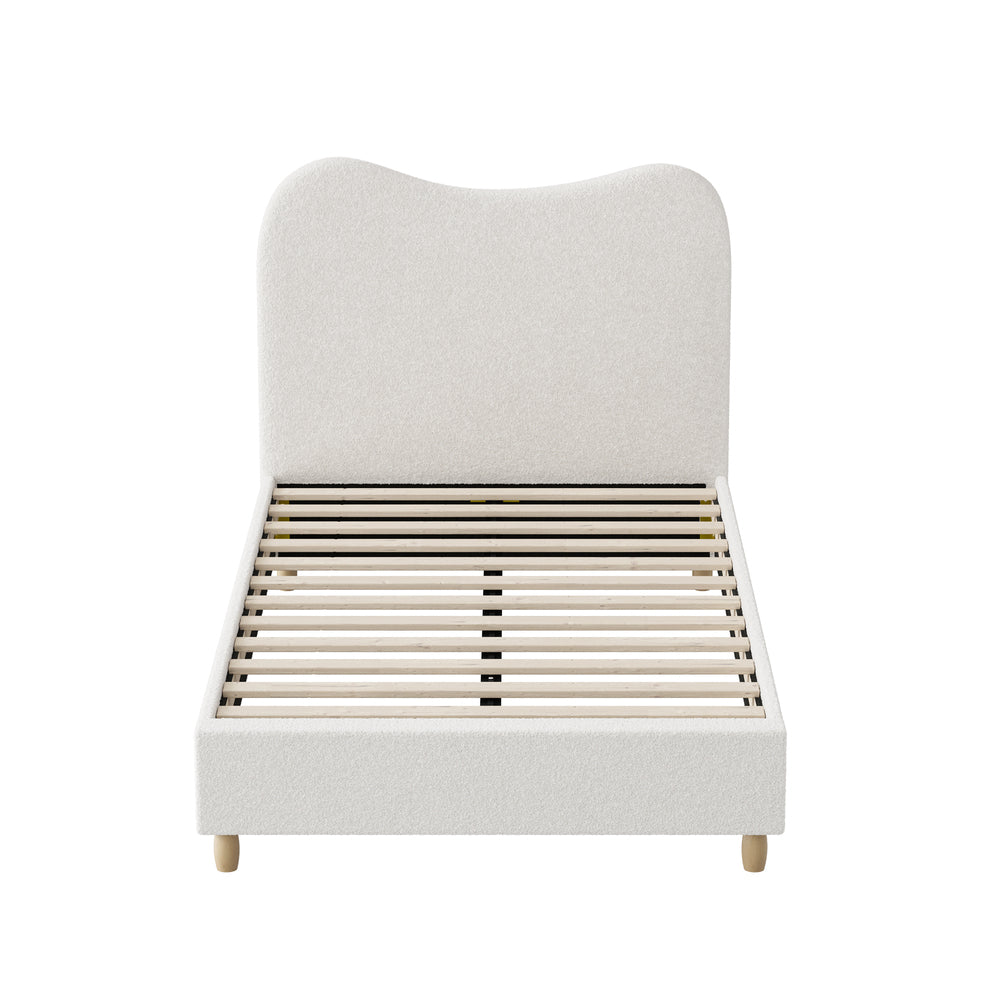 King Single Bed Frame White Boucle Upholstered Cloud Shape Headboard