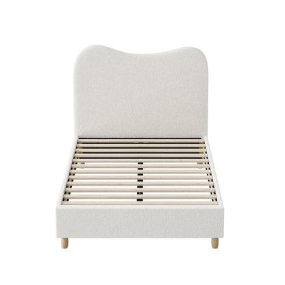 King Single Bed Frame White Boucle Upholstered Cloud Shape Headboard