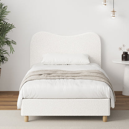 King Single Bed Frame White Boucle Upholstered Cloud Shape Headboard