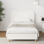 King Single Bed Frame White Boucle Upholstered Cloud Shape Headboard