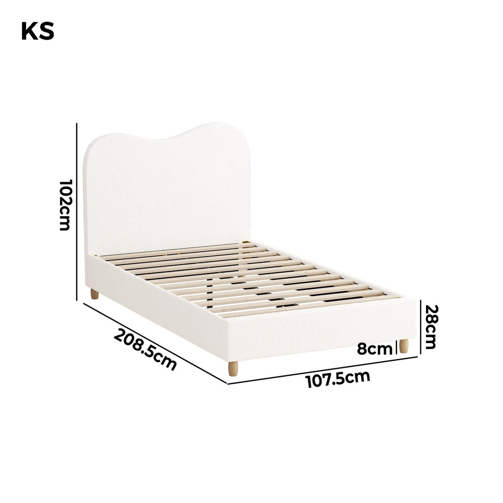 King Single Bed Frame White Boucle Upholstered Cloud Shape Headboard