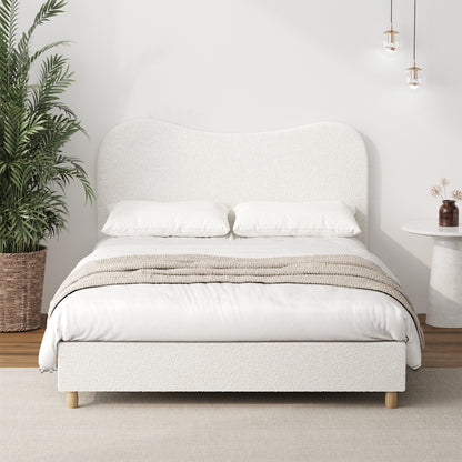 Queen Bed Frame White Boucle Cloud Shape Upholstered Bedroom Furniture