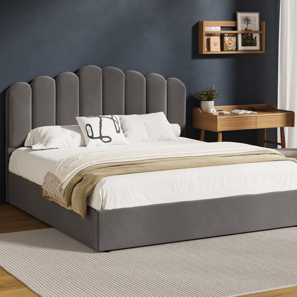  Bed Frame King Single/Queen/Double Gas Lift Velvet Grey