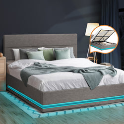 Queen Bed Frame LED Mattress Base with Gas Lift and Storage Space Grey