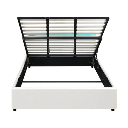 Bed Frame RGB LED King Single/Queen/Double Gas Lift Storage Base White