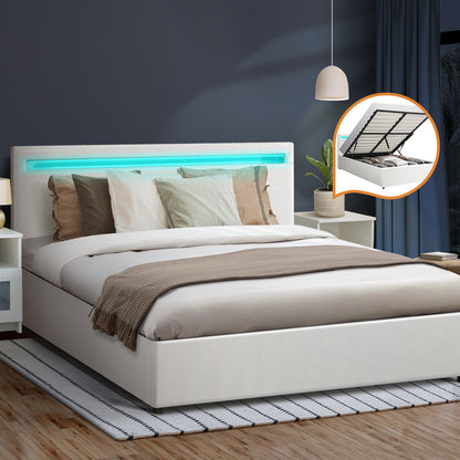 Bed Frame RGB LED King Single/Queen/Double Gas Lift Storage Base White