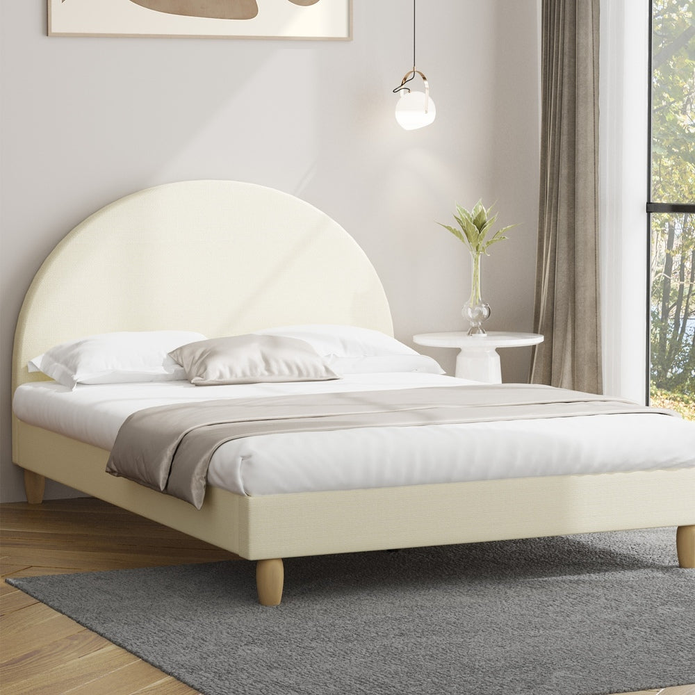 Bed Frame King Single Arched Bedhead Beige Fabric