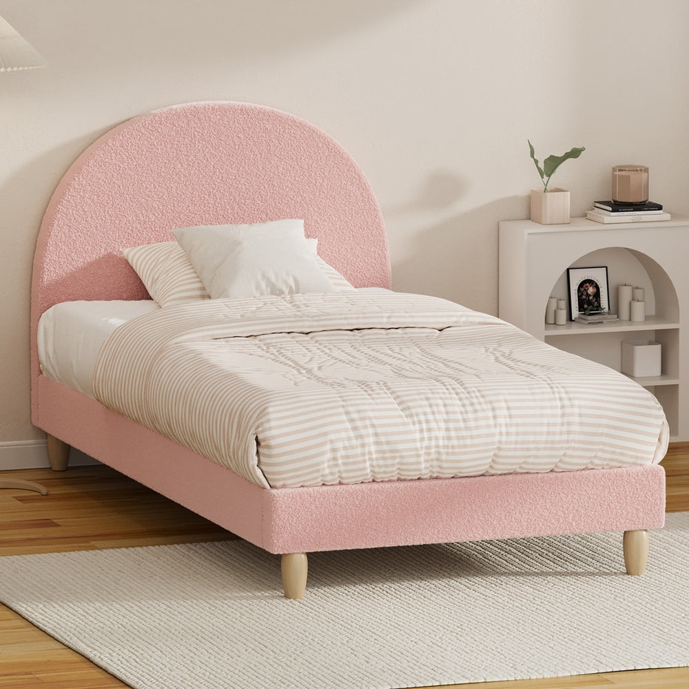 Double/King Single/Single Bed Frame With Arched Bedhead Pink Boucle Upholstered Platform