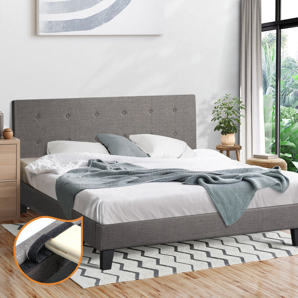  Bed Frame King Size Wooden Fabric Grey