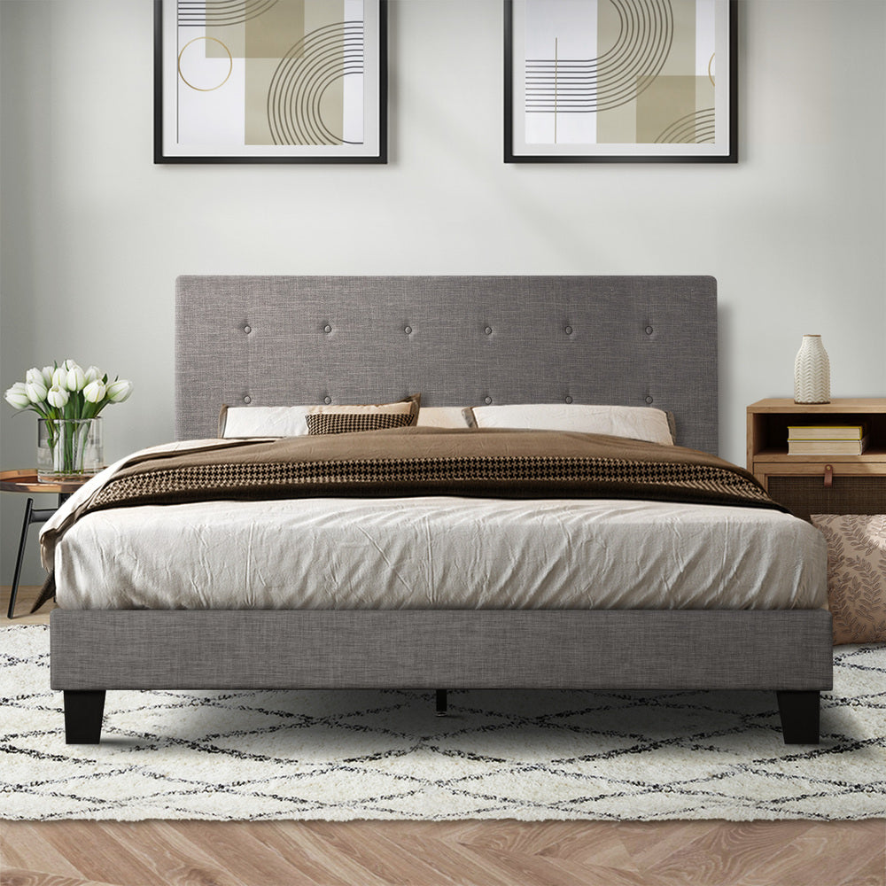 Bed Frame King Size Wooden Fabric Grey