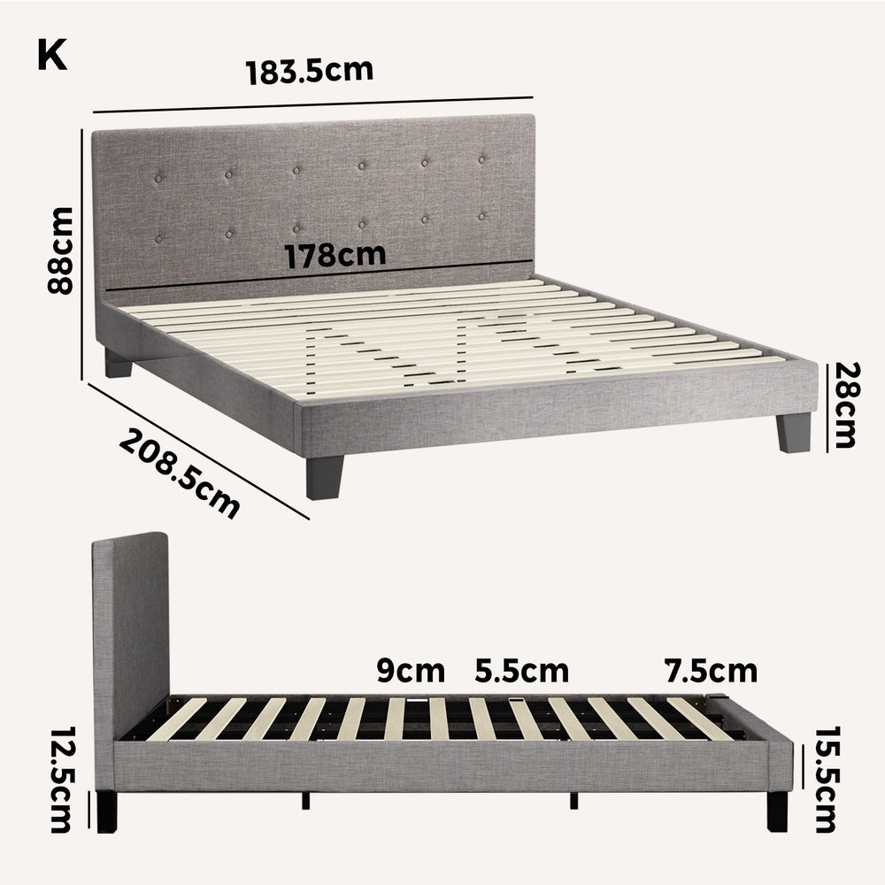 Bed Frame King Size Wooden Fabric Grey