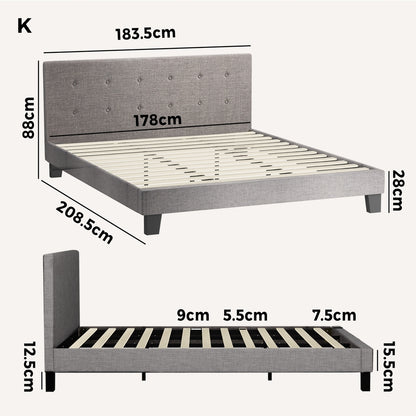 Bed Frame King Size Wooden Fabric Grey
