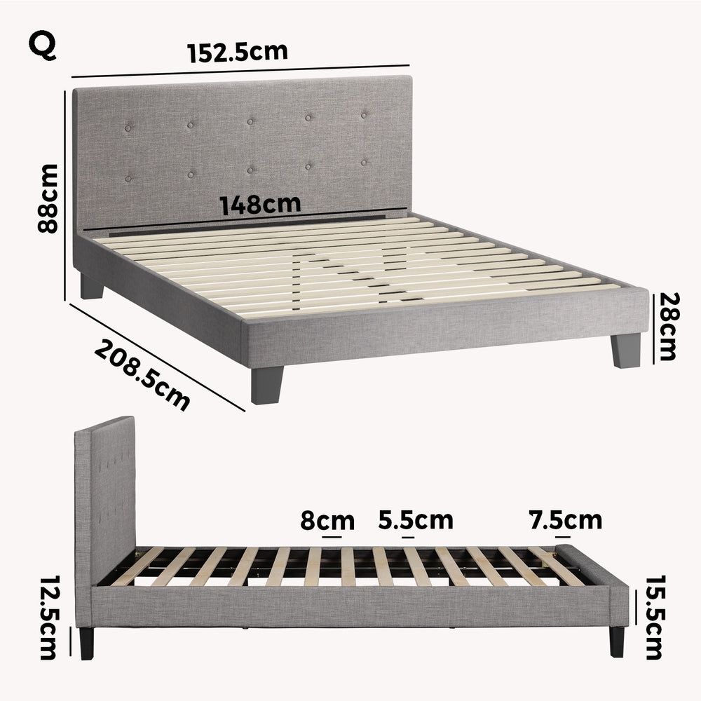 Bed Frame Queen Size Wooden Fabric Grey