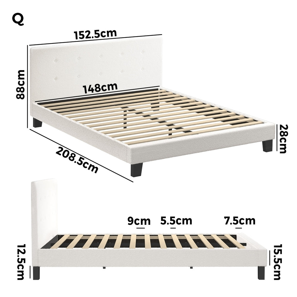 Bed Frame Queen Size White Boucle