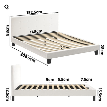 Bed Frame Queen Size White Boucle