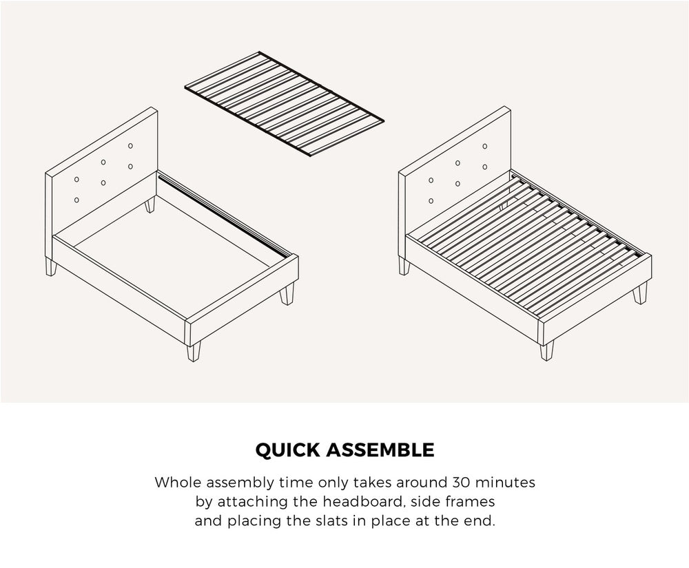 Bed Frame Single Size Wooden Fabric Grey