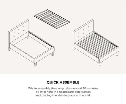 Bed Frame Single Size Wooden Fabric Grey