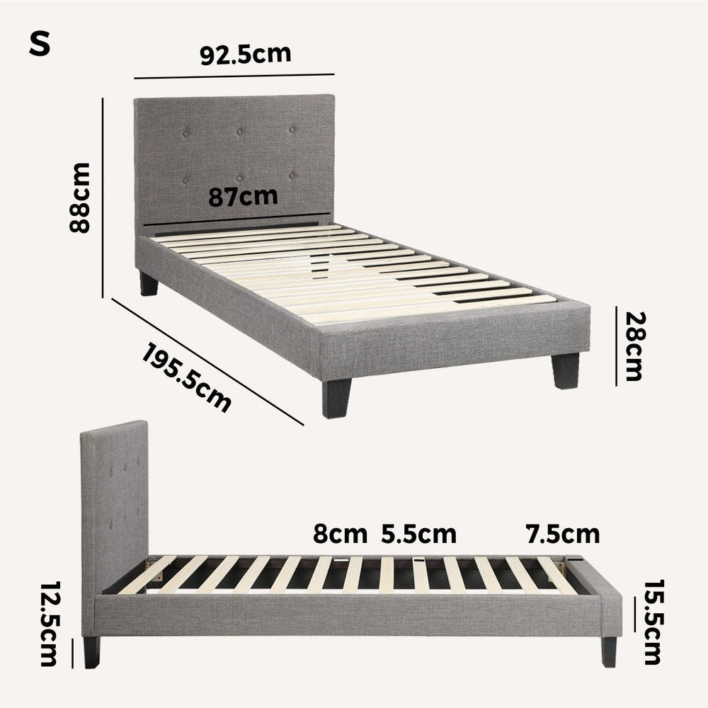 Bed Frame Single Size Wooden Fabric Grey
