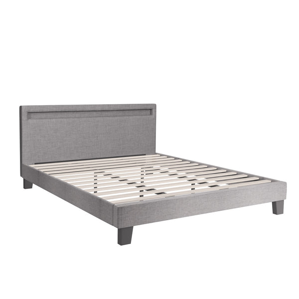  Experience the Stylish Grey Fabric Platform Bed Frame with Wooden Accents